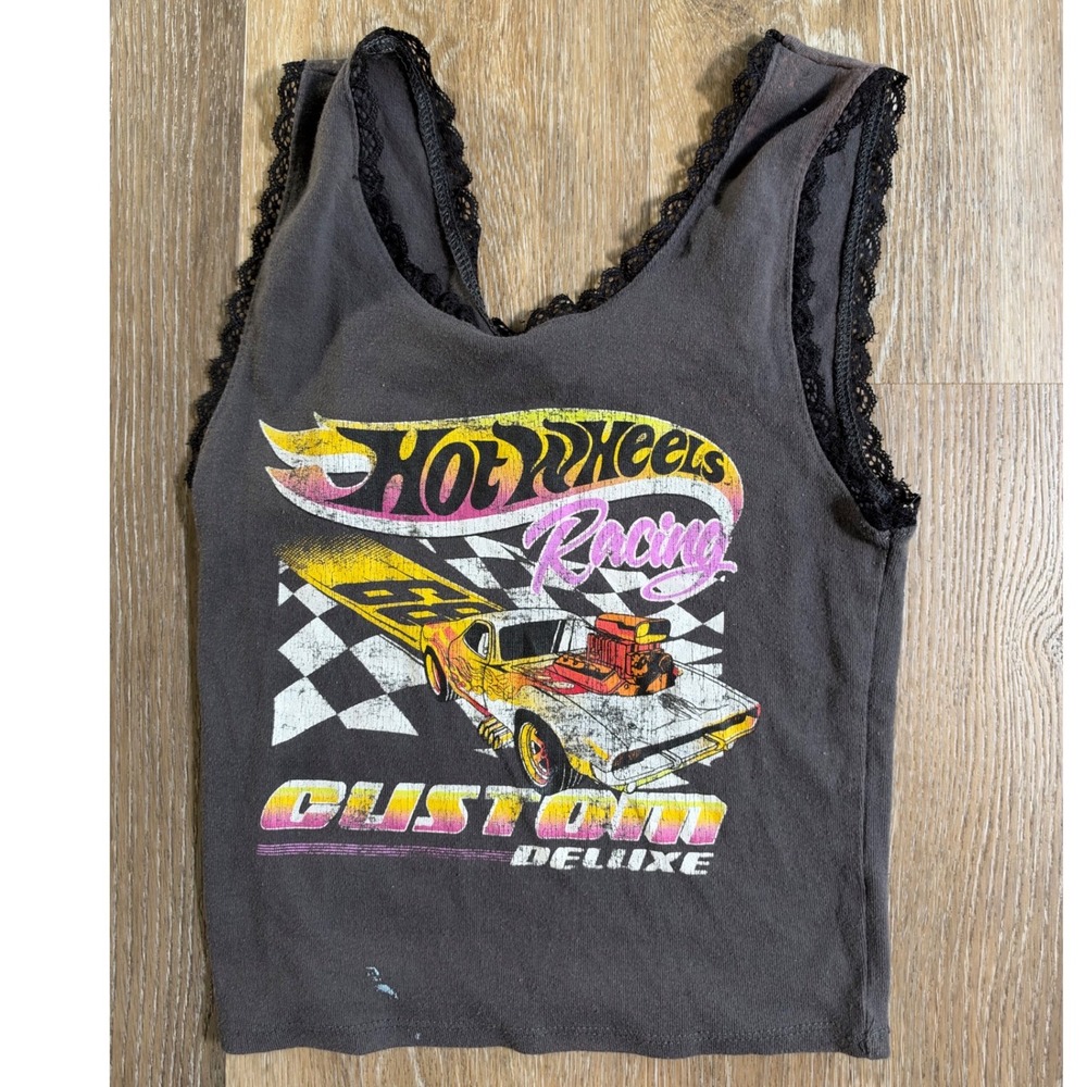 Hot Wheels Graphic Tank Top Women XS Gray Lace Trim Racing Custom Deluxe